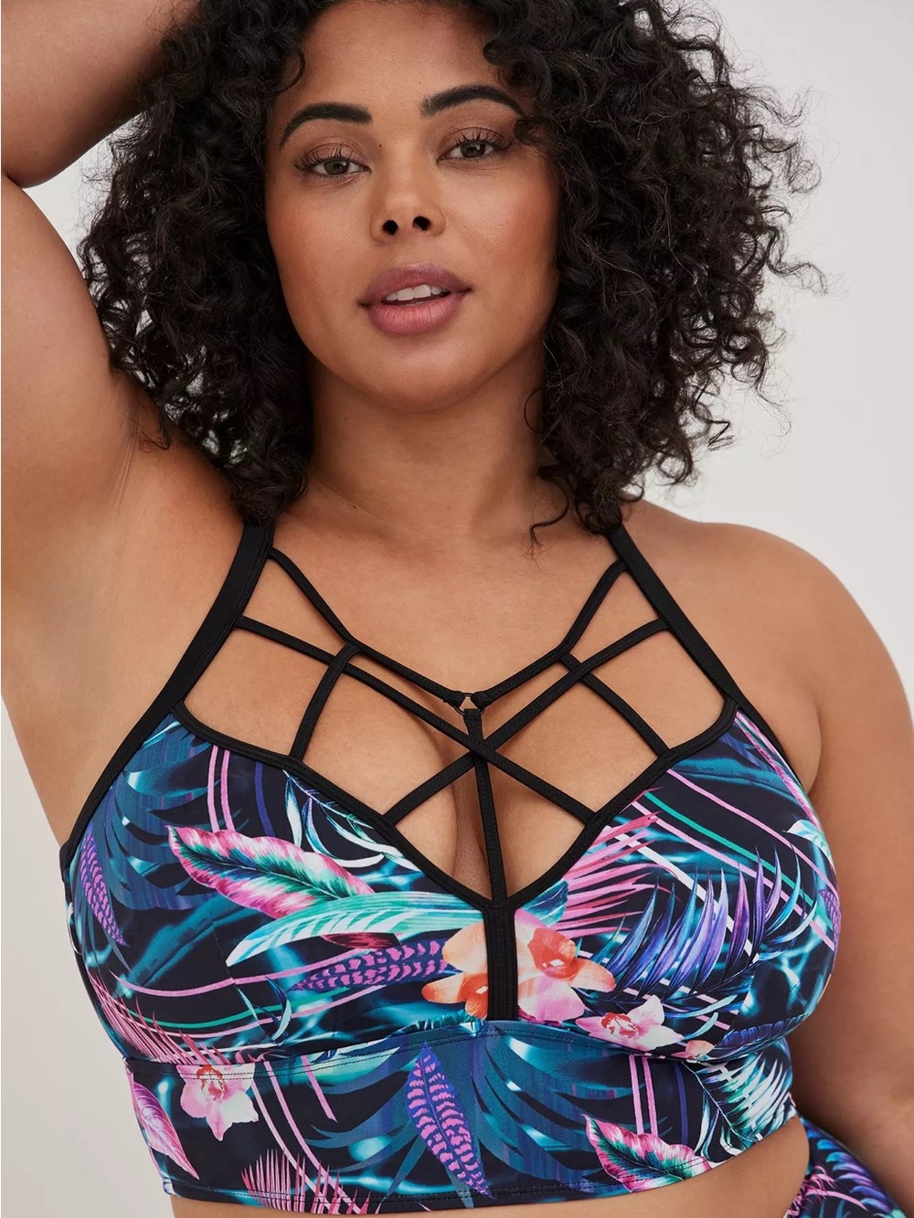 Torrid Women 2 2X Tropical Floral Strappy Cage Longline Bikini Top Black Multi